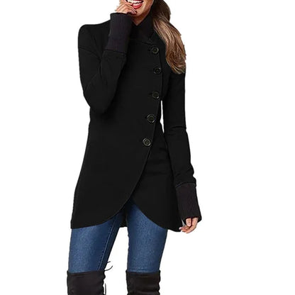 Women’s Asymmetric Button-Front Coat – Tailored Longline Winter Jacket with High Collar and Ribbed Cuffs