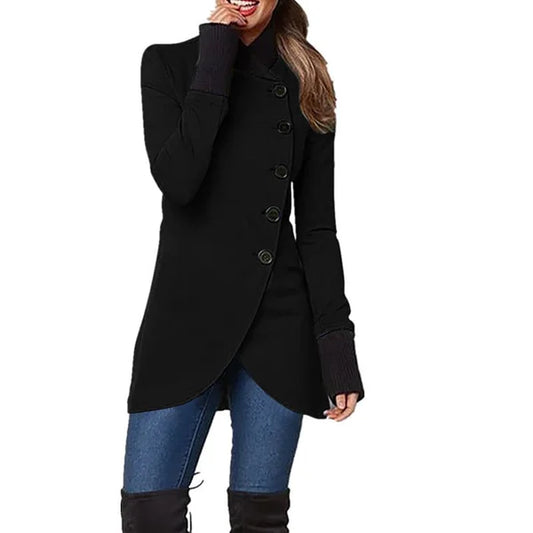 Women’s Asymmetric Button-Front Coat – Tailored Longline Winter Jacket with High Collar and Ribbed Cuffs