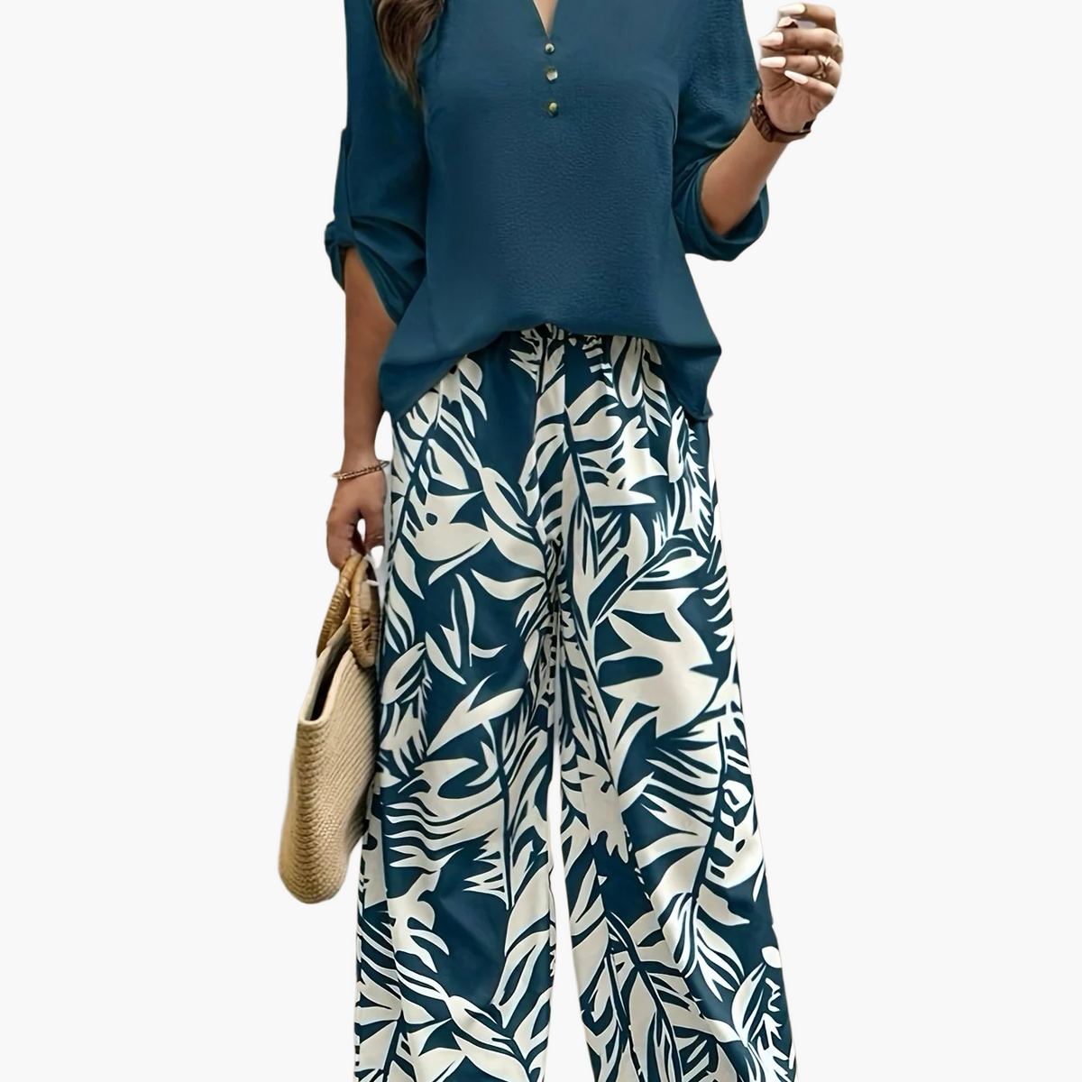 Women’s Two-Piece Set – V-Neck Blouse with Wide-Leg Palazzo Trousers