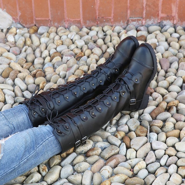 Women's Waterproof Lace-Up Round-Toe Knee-High Boots