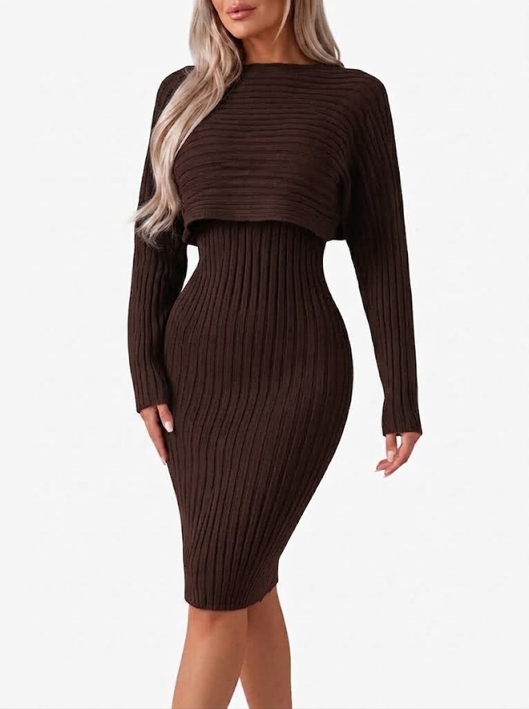 Women’s Ribbed Midi Skirt Co-Ord Set – Cropped Relaxed Long-Sleeve Top with Fitted Skirt for Work and City Wear
