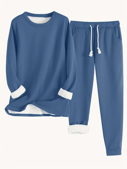 Women’s Fleece-Lined Sweatshirt and Jogger Set – Cosy Two-Piece Winter Lounge Outfit
