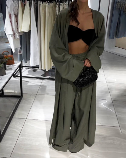 Women’s Linen Kimono Trouser Set – Longline Open-Front Layer with Relaxed Wide-Leg Trousers for Summer Wear