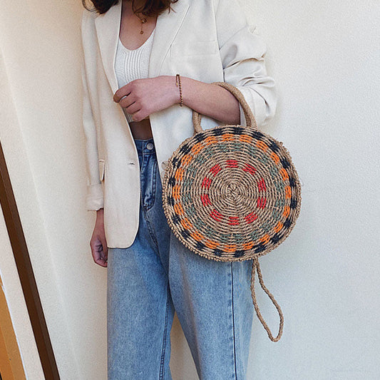 Women’s Woven Round Straw Handbag – Patterned Summer Carry Bag with Rope Handles