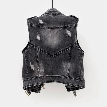 Men’s Cotton Denim Biker Vest – Distressed Sleeveless Layer with Asymmetric Zip and Adjustable Belt