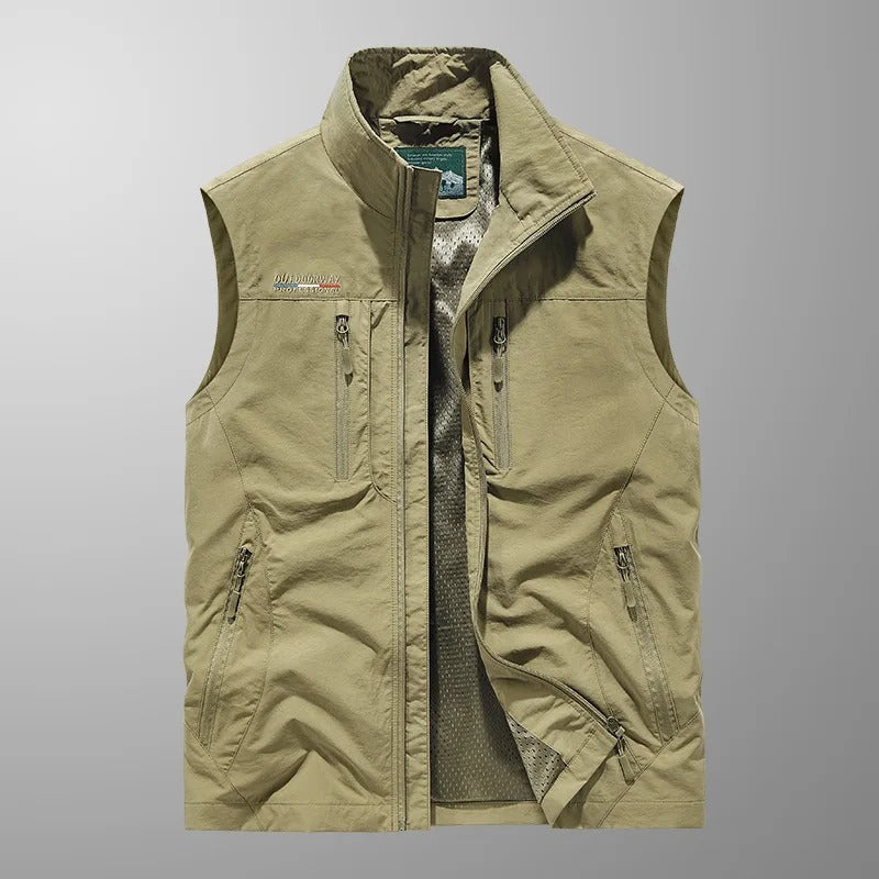 Men’s Cargo Gilet – Stand Collar with Six Zip Pockets and Mesh Back