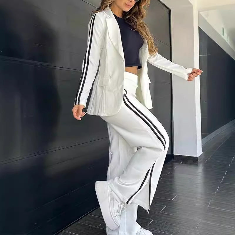 Women’s Blazer and Side-Stripe Trouser Set – Relaxed Smart-Casual Two-Piece Outfit