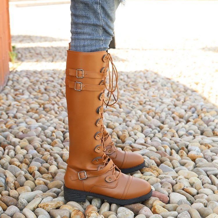 Women's Waterproof Lace-Up Round-Toe Knee-High Boots