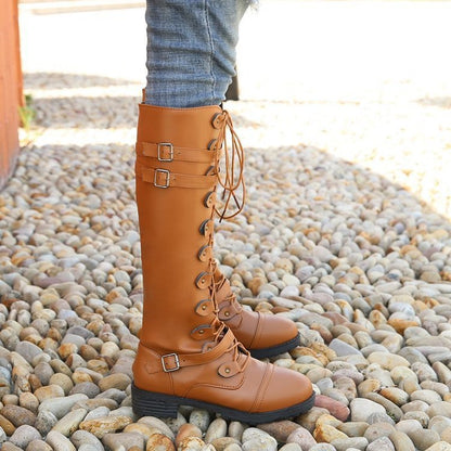 Women's Waterproof Lace-Up Round-Toe Knee-High Boots