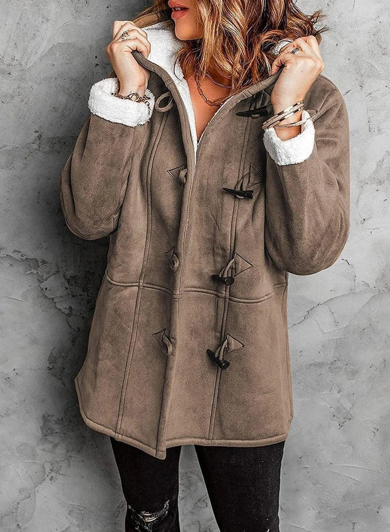 Women’s Fleece-Lined Hooded Duffle Coat – Relaxed Mid-Length Winter Outerwear with Toggle Closures and Plush Cuffs