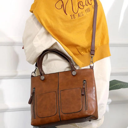 Women’s Genuine Leather Tote Bag – Multi-Pocket Handbag for Work and Everyday Carry