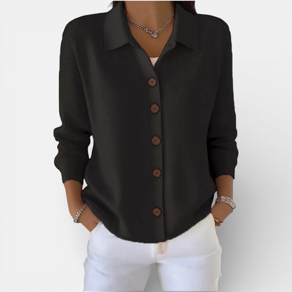 Women’s Knitted Blouse – Polo Collar Top with Full Button Placket