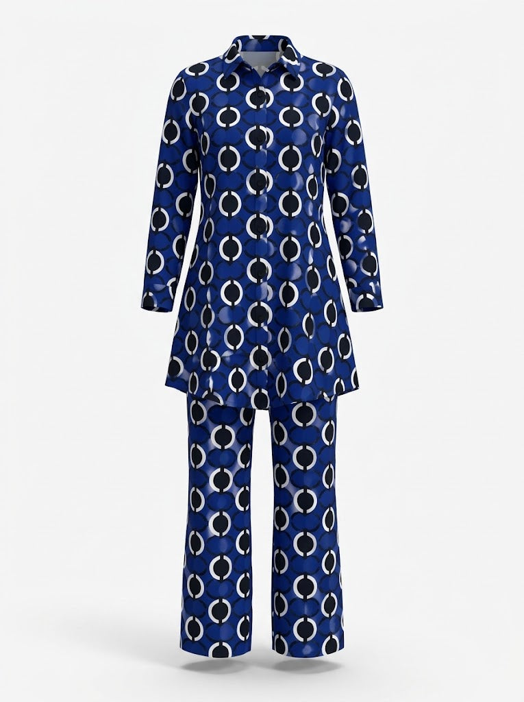 Women’s Printed Trouser Co-Ord Set – Relaxed Longline Button-Up Blouse with Elasticated Wide-Leg Trousers for Holidays and Weekend Wear