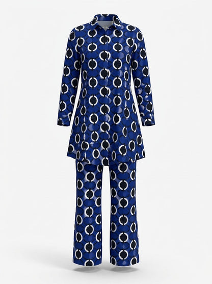 Women’s Printed Trouser Co-Ord Set – Relaxed Longline Button-Up Blouse with Elasticated Wide-Leg Trousers for Holidays and Weekend Wear