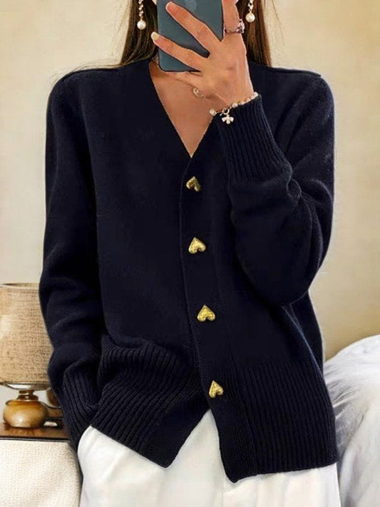 Women’s Heart-Button Knit Cardigan – Elegant V-Neck Layer for Everyday Styling