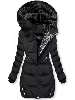 Women’s Plush-Lined Long Puffer Jacket – Fitted Hooded Winter Coat with Zip Pockets for Cold-Weather Comfort