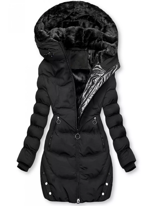 Women’s Plush-Lined Long Puffer Jacket – Fitted Hooded Winter Coat with Zip Pockets for Cold-Weather Comfort