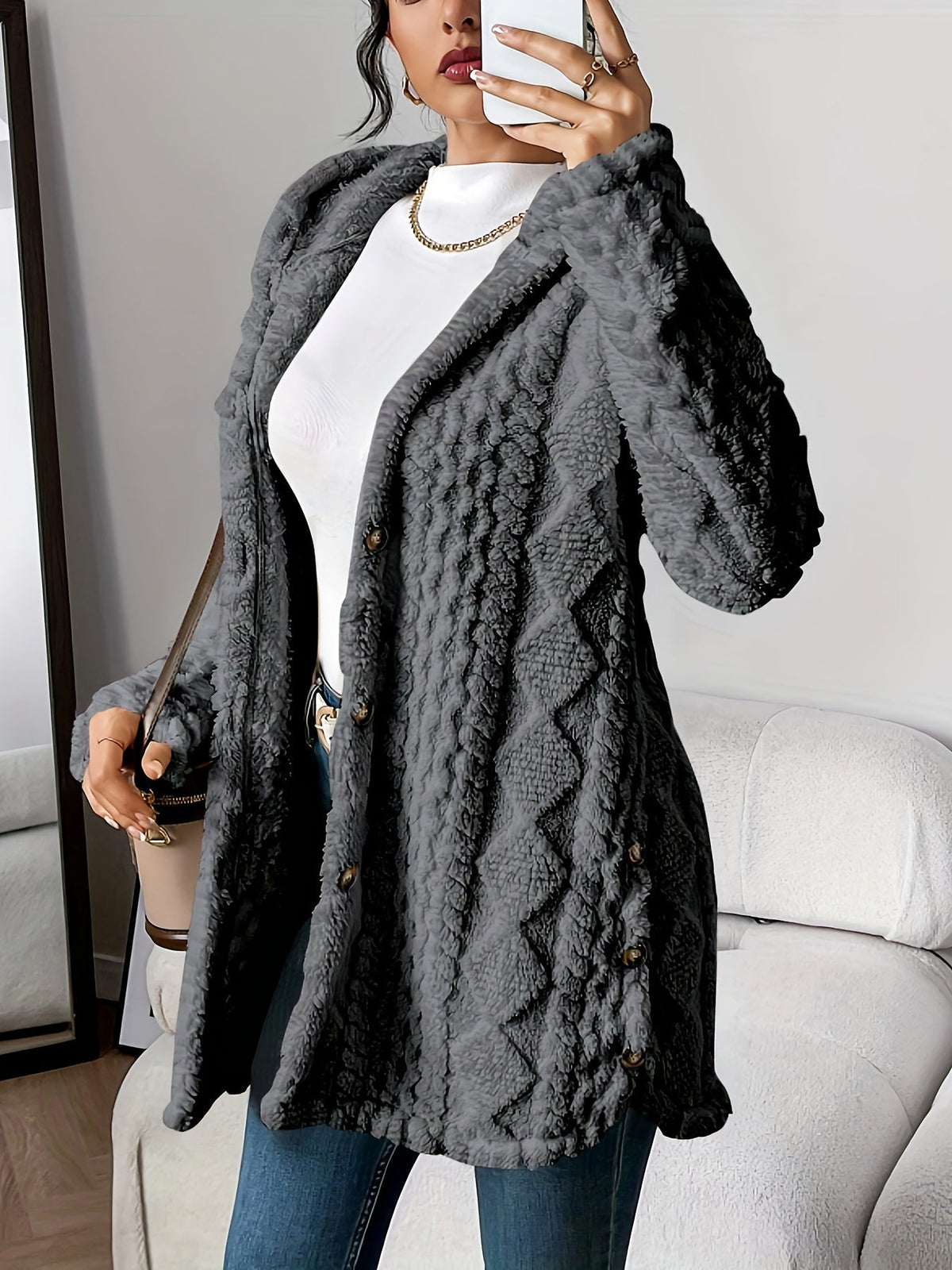Women’s Cable-Knit Cardigan – Hooded Button-Through Cardigan