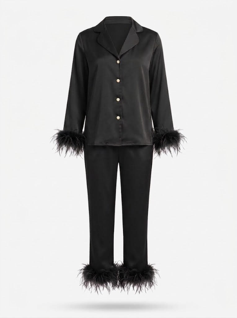 Women’s Feather-Trim Trouser Co-Ord Set – Cropped Tie-Front Top with Straight-Leg Trousers for Evening Wear