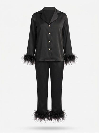 Women’s Feather-Trim Trouser Co-Ord Set – Cropped Tie-Front Top with Straight-Leg Trousers for Evening Wear