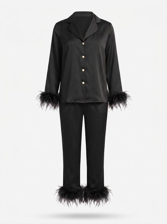 Women’s Feather-Trim Trouser Co-Ord Set – Cropped Tie-Front Top with Straight-Leg Trousers for Evening Wear