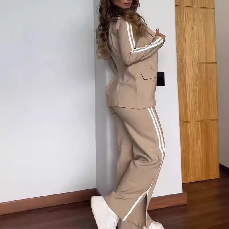 Women’s Blazer and Side-Stripe Trouser Set – Relaxed Smart-Casual Two-Piece Outfit