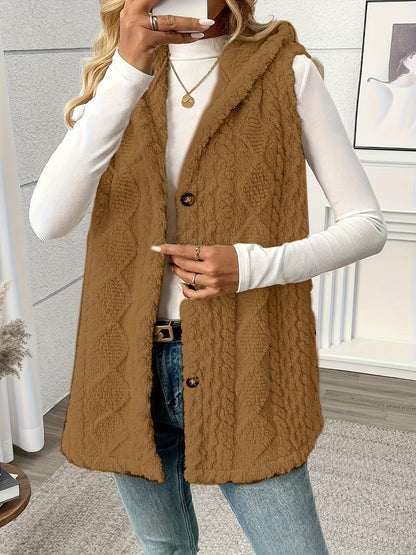 Women’s Long Knitted Waistcoat – Hooded with Button Front