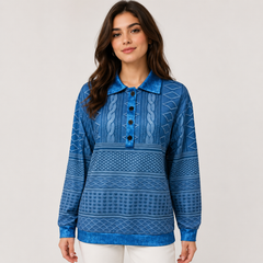 Women’s Textured Button-Neck Sweater – Relaxed Long-Sleeve Style for Everyday Wear