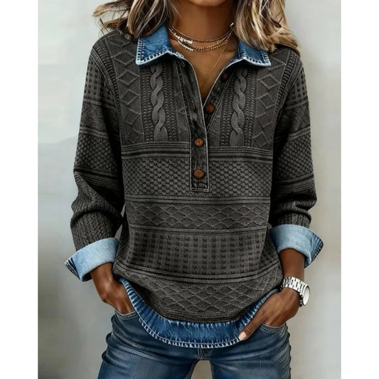 Women’s Textured Button-Neck Sweater – Relaxed Long-Sleeve Style for Everyday Wear