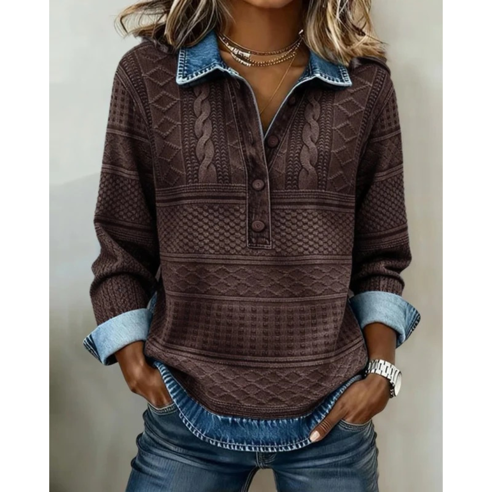 Women’s Textured Button-Neck Sweater – Relaxed Long-Sleeve Style for Everyday Wear