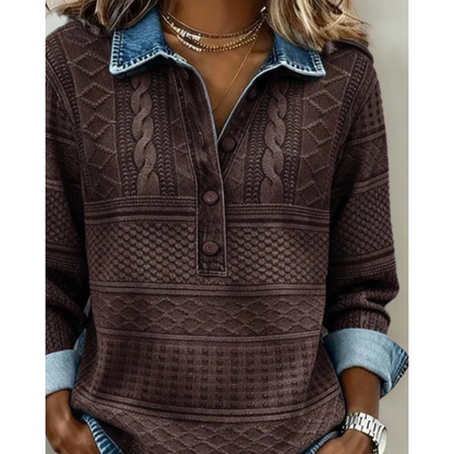 Women’s Textured Button-Neck Sweater – Relaxed Long-Sleeve Style for Everyday Wear