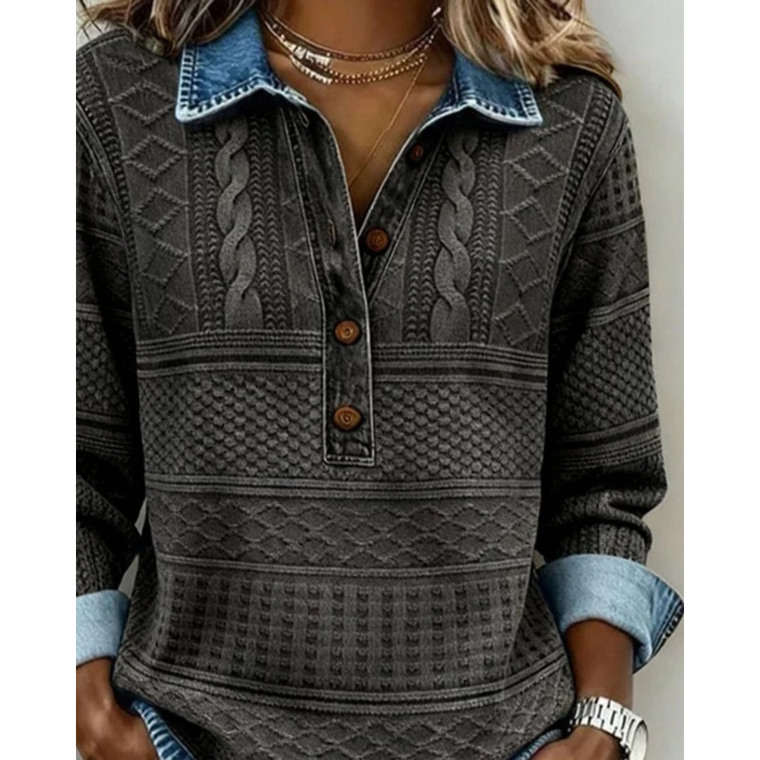 Women’s Textured Button-Neck Sweater – Relaxed Long-Sleeve Style for Everyday Wear