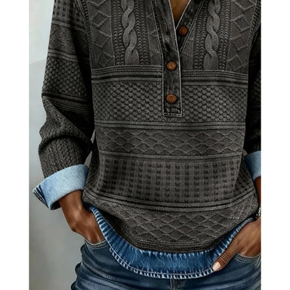 Women’s Textured Button-Neck Sweater – Relaxed Long-Sleeve Style for Everyday Wear