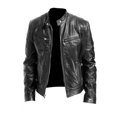 Men’s Band-Collar Leather Jacket – Streamlined Racer Layer for Smart Casual Wear
