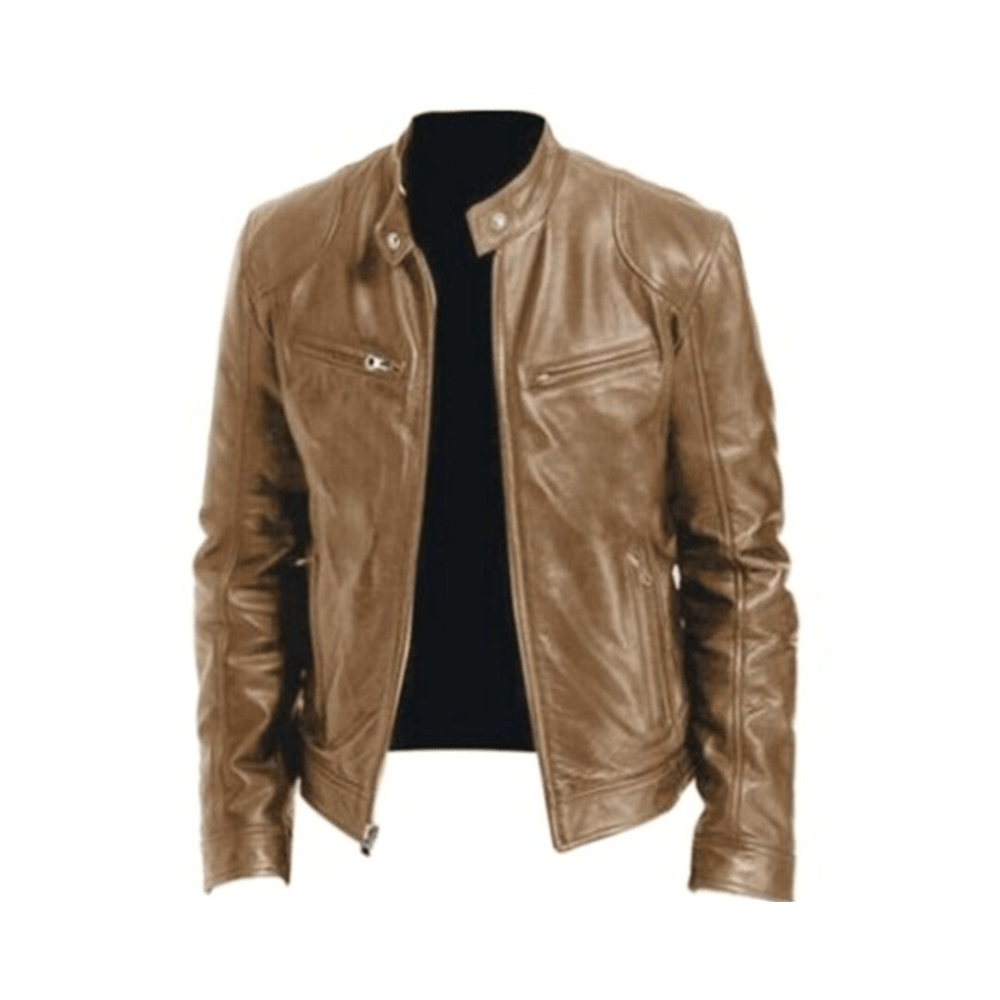 Men’s Band-Collar Leather Jacket – Streamlined Racer Layer for Smart Casual Wear