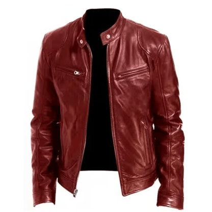 Men’s Band-Collar Leather Jacket – Streamlined Racer Layer for Smart Casual Wear