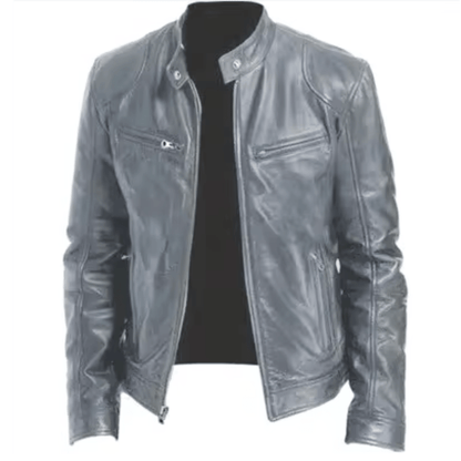 Men’s Band-Collar Leather Jacket – Streamlined Racer Layer for Smart Casual Wear