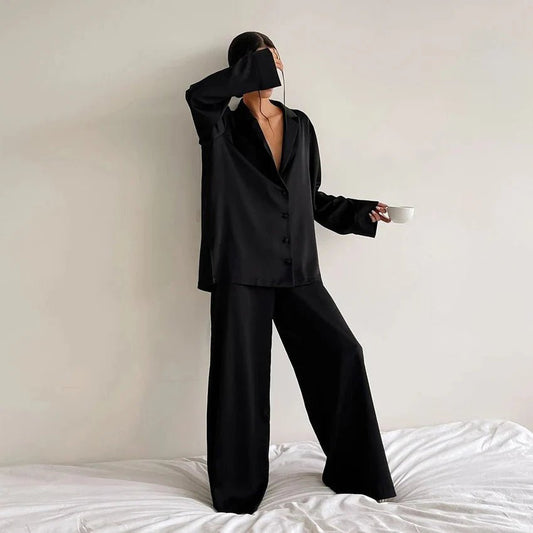 Women’s Satin Shirt and Wide-Leg Trouser Set – Relaxed Loungewear for Home and Travel