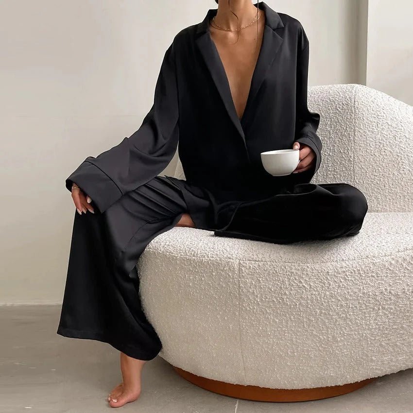 Women’s Satin Shirt and Wide-Leg Trouser Set – Relaxed Loungewear for Home and Travel