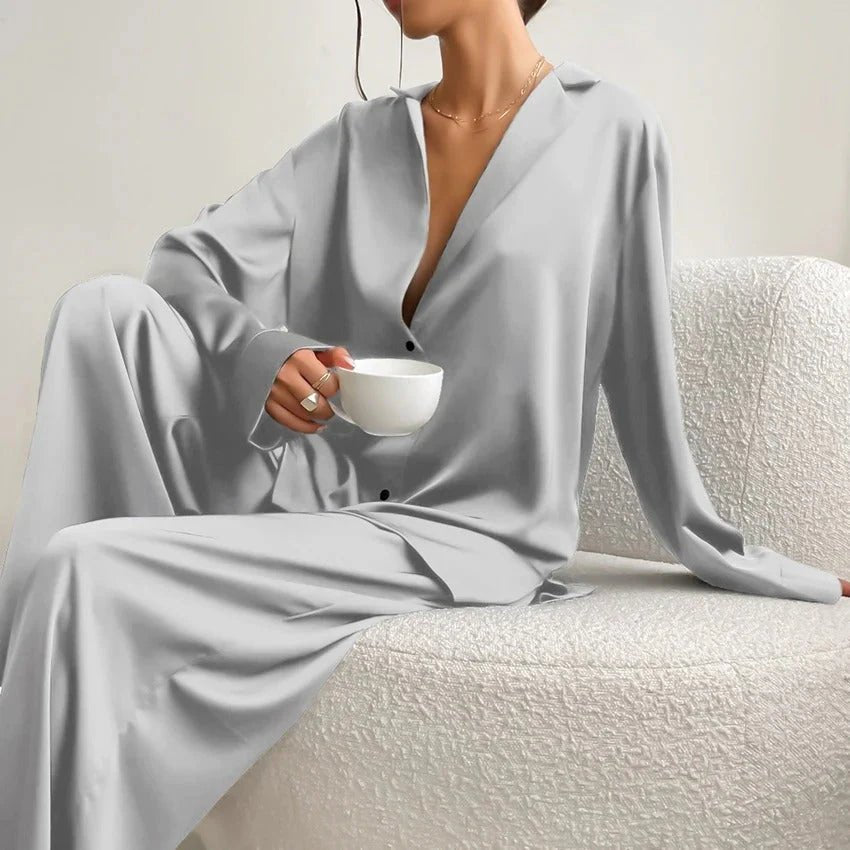Women’s Satin Shirt and Wide-Leg Trouser Set – Relaxed Loungewear for Home and Travel