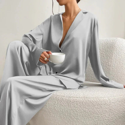 Women’s Satin Shirt and Wide-Leg Trouser Set – Relaxed Loungewear for Home and Travel