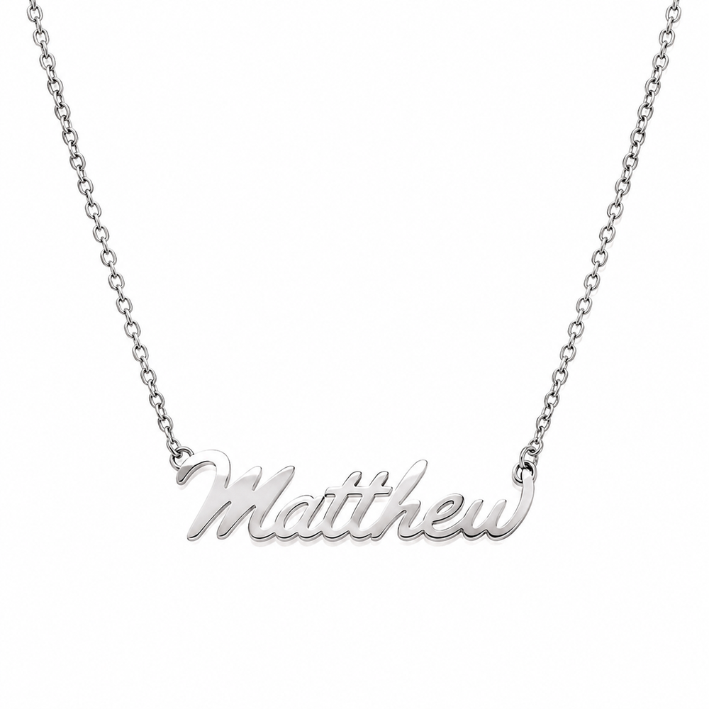 Men's steel colour English nameplate necklace