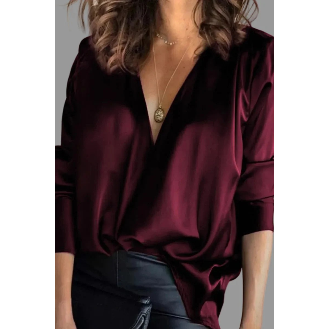 Women’s Satin Wrap Blouse – Draped V-Neck Long-Sleeve Style for Evening and Office Wear
