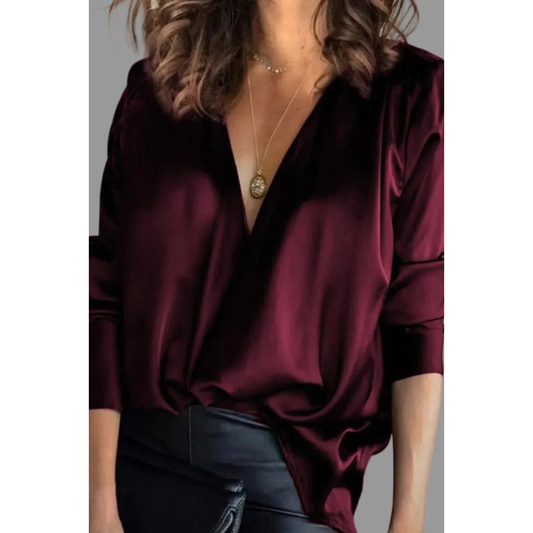 Women’s Satin Wrap Blouse – Draped V-Neck Long-Sleeve Style for Evening and Office Wear
