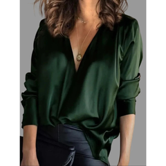 Women’s Satin Wrap Blouse – Draped V-Neck Long-Sleeve Style for Evening and Office Wear