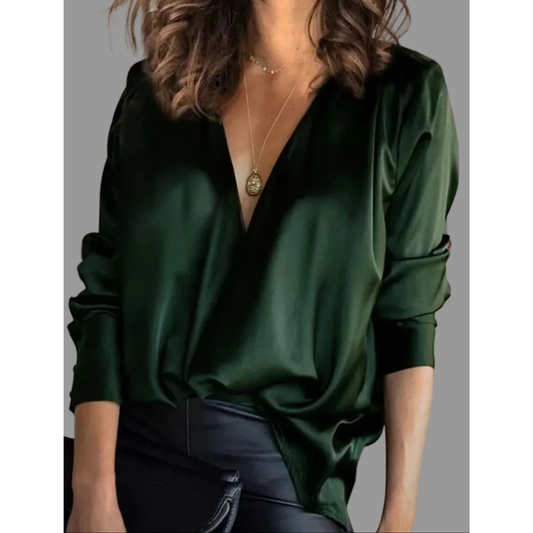 Women’s Satin Wrap Blouse – Draped V-Neck Long-Sleeve Style for Evening and Office Wear