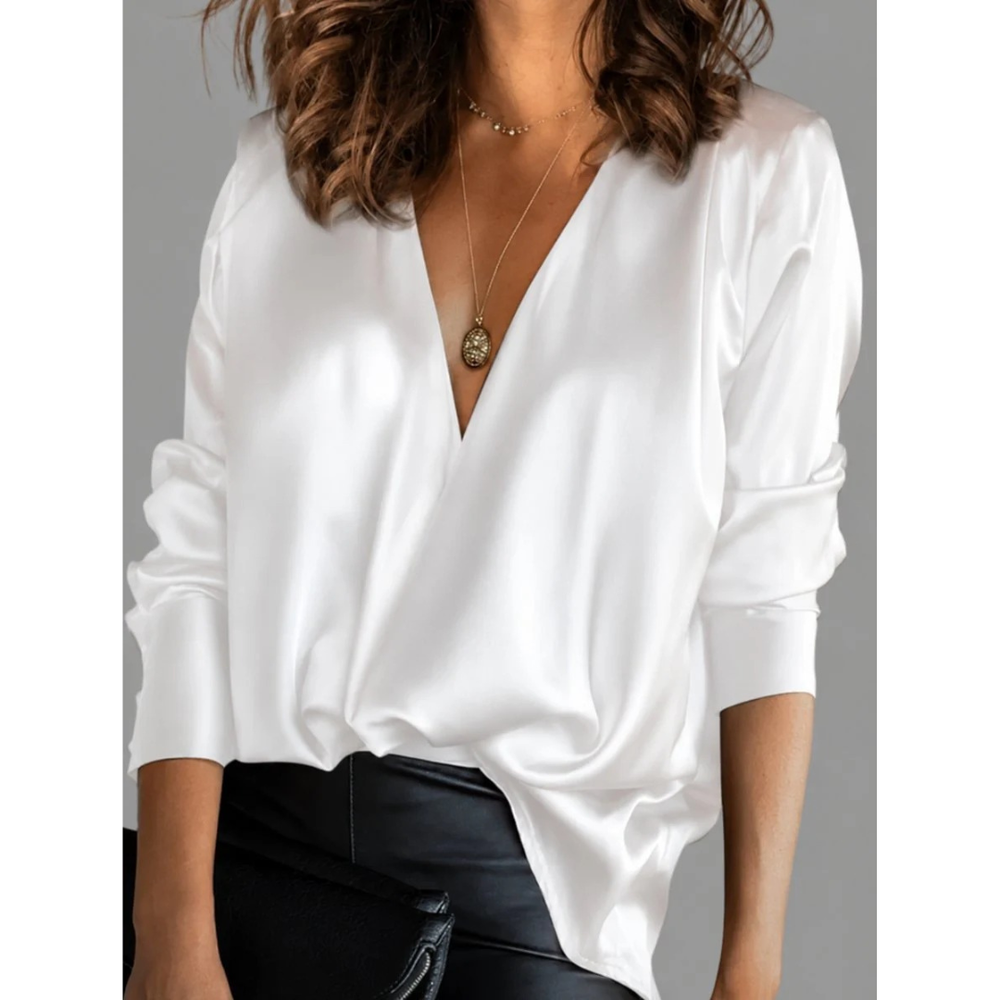 Women’s Satin Wrap Blouse – Draped V-Neck Long-Sleeve Style for Evening and Office Wear