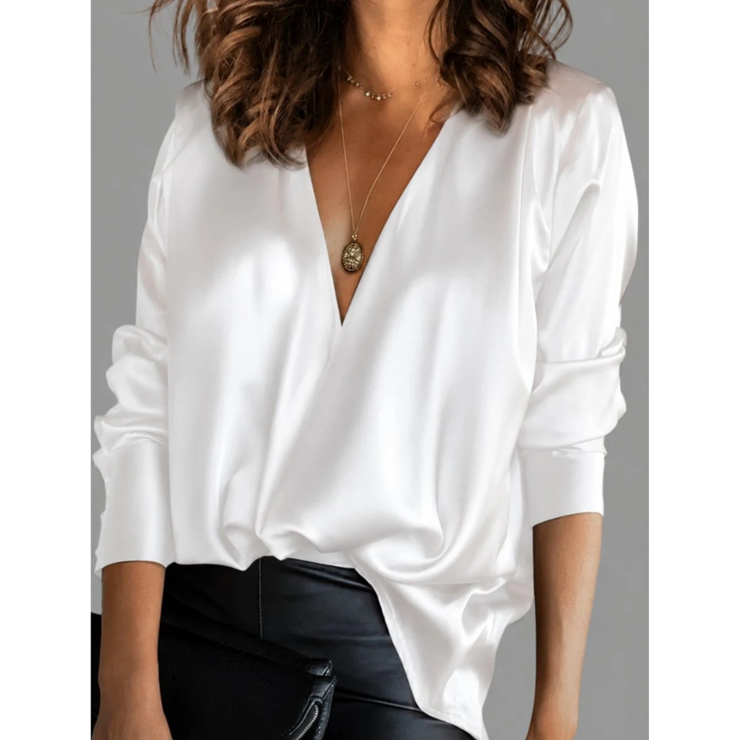 Women’s Satin Wrap Blouse – Draped V-Neck Long-Sleeve Style for Evening and Office Wear