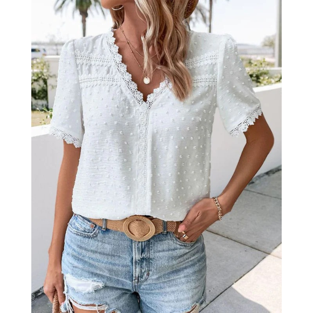 Women’s Textured Lace Blouse – V-Neck Short-Sleeve Summer Top for Holidays and Everyday Wear