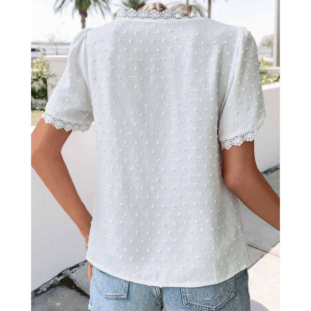Women’s Textured Lace Blouse – V-Neck Short-Sleeve Summer Top for Holidays and Everyday Wear